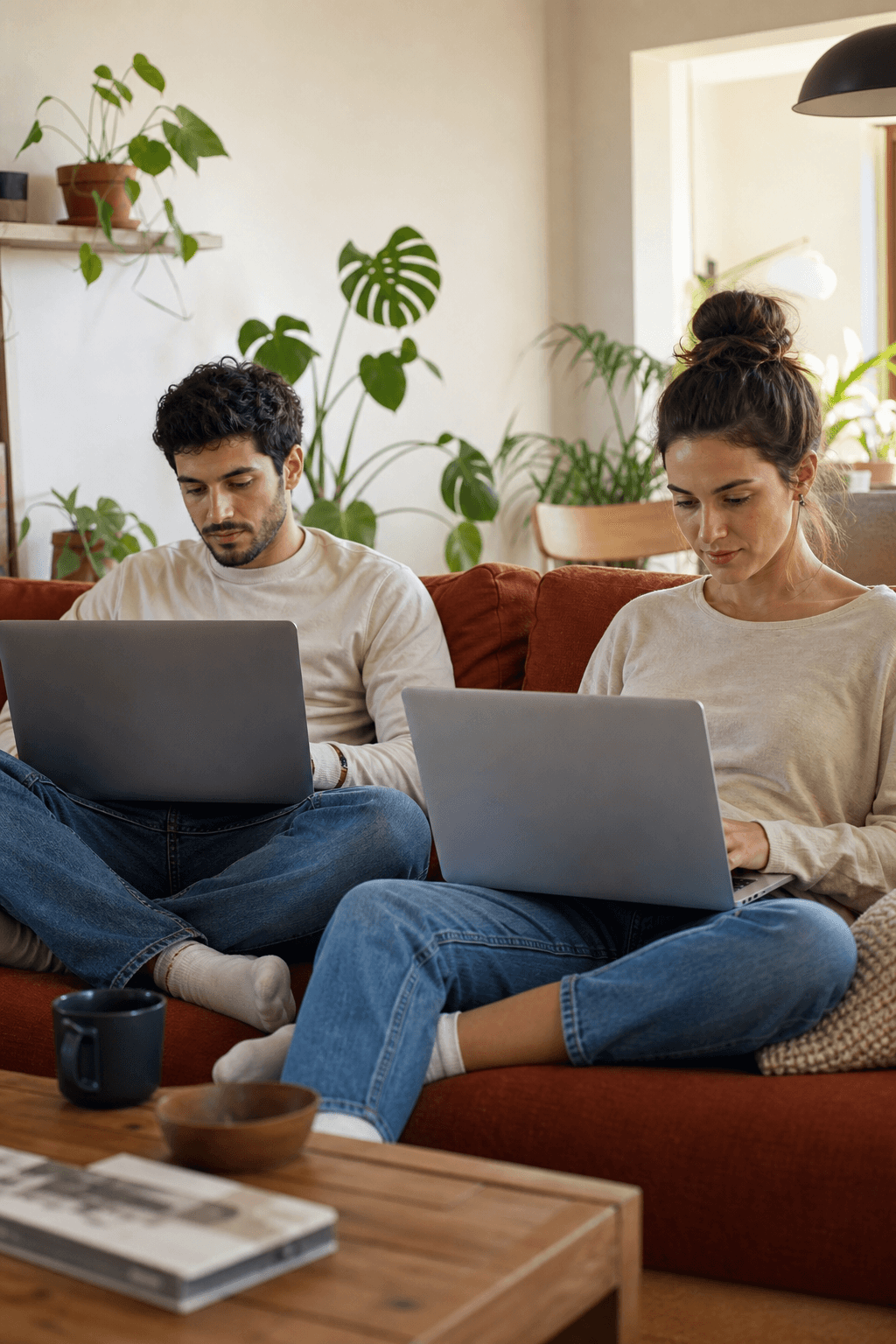 Two people comparing companies on laptops